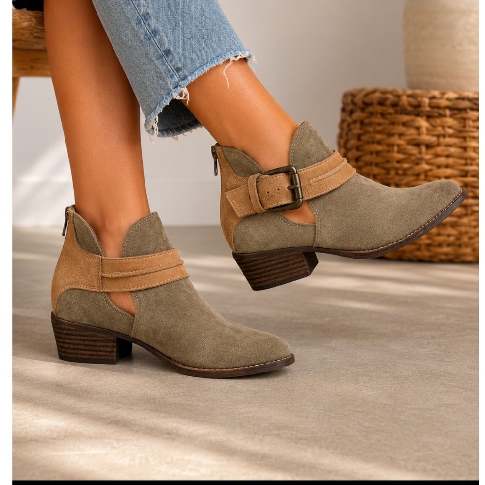 Rebels Womens Olive Suede Cutout Ankle Boots Tan Buckle Strap Size 8 M08